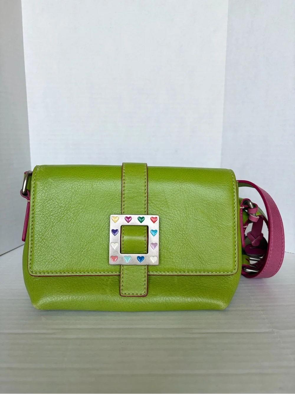 Vintage Y2K Dooney & Bourke Purse Kiwi Green Buckle Hearts Bag Flap Pink Strap - Picture 1 of 16